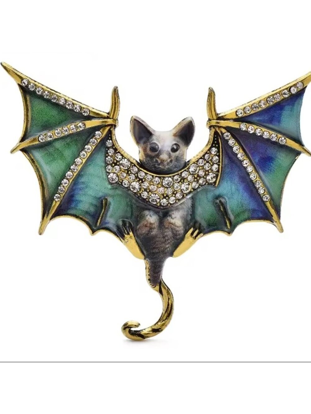 Gothic Bat Green Brooch Gold Accents